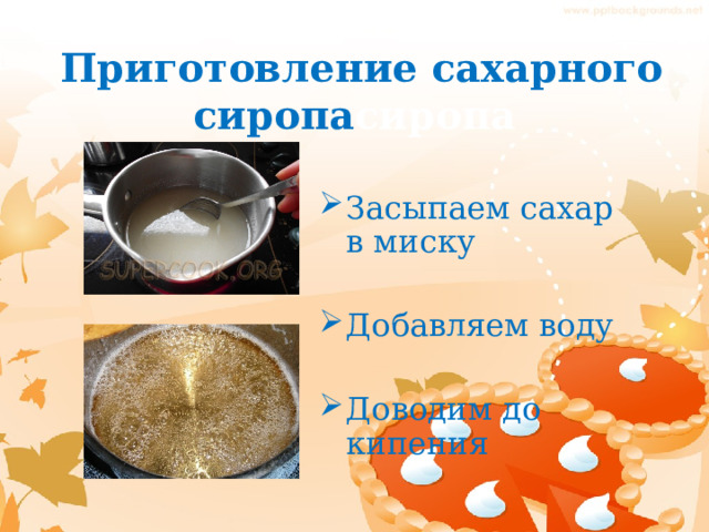  II этап-  Приготовление сахарного сиропа сиропа Засыпаем сахар в миску  Добавляем воду  Доводим до кипения  