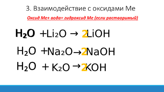 + → Li₂O LiOH 2 + Na₂O NaOH 2 → → + 2 KOH K₂O 