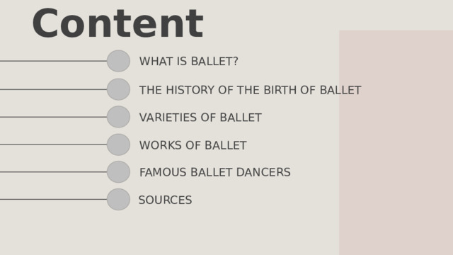 С ontent What is ballet? the history of the birth of ballet varieties of ballet works of ballet famous ballet dancers SOURCES 