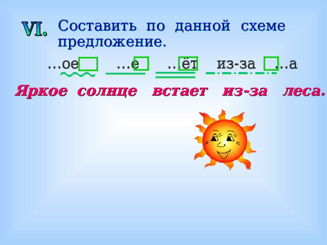 Составить по данной схеме предложение. … ое …е …ёт из-за …а Яркое солнце встает из-за леса. 