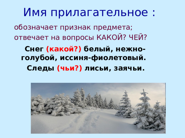 Имя прилагательное : обозначает признак предмета; отвечает на вопросы КАКОЙ? ЧЕЙ?  Снег  (какой?)  белый, нежно-голубой, иссиня-фиолетовый.  Следы (чьи?) лисьи, заячьи.  