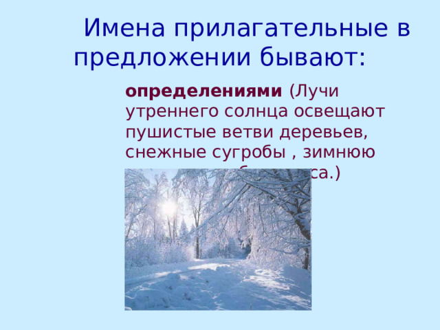  Имена прилагательные в предложении бывают:  определениями (Лучи утреннего солнца освещают пушистые ветви деревьев, снежные сугробы , зимнюю дорогу в глубине леса.)  определениями (Лучи утреннего солнца освещают пушистые ветви деревьев, снежные сугробы , зимнюю дорогу в глубине леса.)  определениями (Лучи утреннего солнца освещают пушистые ветви деревьев, снежные сугробы , зимнюю дорогу в глубине леса.)  определениями (Лучи утреннего солнца освещают пушистые ветви деревьев, снежные сугробы , зимнюю дорогу в глубине леса.)  определениями (Лучи утреннего солнца освещают пушистые ветви деревьев, снежные сугробы , зимнюю дорогу в глубине леса.) 