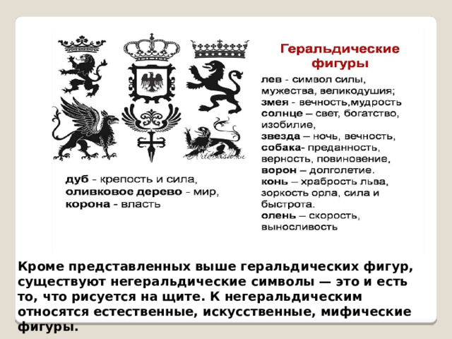 Кроме представленных выше геральдических фигур, существуют негеральдические символы — это и есть то, что рисуется на щите. К негеральдическим относятся естественные, искусственные, мифические фигуры. 