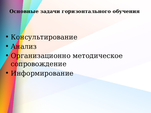Основные задачи горизонтального обучения   Консультирование Анализ Организационно методическое сопровождение Информирование 