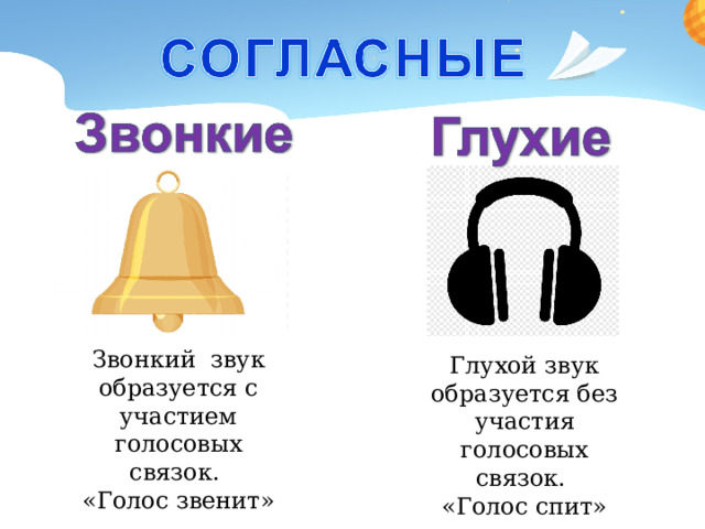 Звонкий звук образуется с участием голосовых связок. «Голос звенит» Глухой звук образуется без участия голосовых связок. «Голос спит» 