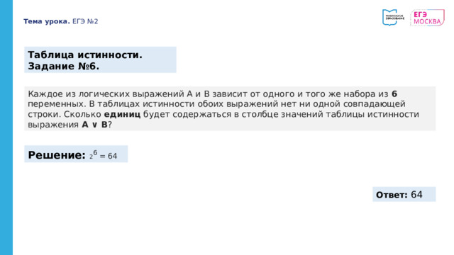 Тема урока. ЕГЭ №2 Таблица истинности. Задание №6. Каждое из логических выражений A и B зависит от одного и того же набора из 6 переменных. В таблицах истинности обоих выражений нет ни одной совпадающей строки. Сколько единиц будет содержаться в столбце значений таблицы истинности выражения A ∨ B ? Решение:  2 6 = 64 https://youtu.be/-vk0fG-qpuI?t=476 Ответ: 64 
