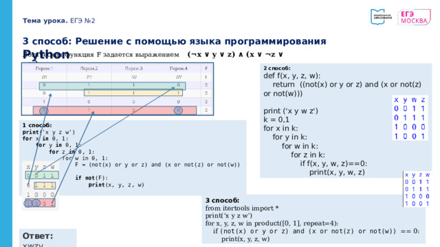 Тема урока. ЕГЭ №2 3 способ: Решение с помощью языка программирования Python Логическая функция F задается выражением (¬x ∨ y ∨ z) ∧ (x ∨ ¬z ∨ ¬w) 2 способ: def f(x, y, z, w):  return ((not(x) or y or z) and (x or not(z) or not(w))) print ('x y w z') k = 0,1 for x in k:  for y in k:  for w in k:  for z in k:  if f(x, y, w, z)==0:  print(x, y, w, z) 1 способ: print ('x y z w') for x in 0, 1:  for y in 0, 1:  for z in 0, 1:  for w in 0, 1:  F = (not(x) or y or z) and (x or not(z) or not(w))  if  not (F):  print (x, y, z, w) 3 способ: from itertools import * print(‘x y z w’) for x, y, z, w in product([0, 1], repeat=4):  if (not(x) or y or z) and (x or not(z) or not(w)) == 0:  print(x, y, z, w) Ответ: xwzy 