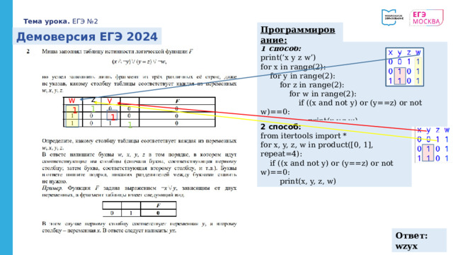 Тема урока. ЕГЭ №2 Программирование: Демоверсия ЕГЭ 2024 1 способ: print(‘x y z w’) for x in range(2):  for y in range(2):  for z in range(2):  for w in range(2):  if ((x and not y) or (y==z) or not w)==0:  print(x,y,z,w) z w y 1 1 1 1 2 способ: from itertools import * for x, y, z, w in product([0, 1], repeat=4):  if ((x and not y) or (y==z) or not w)==0:  print(x, y, z, w) Ответ: wzyx 