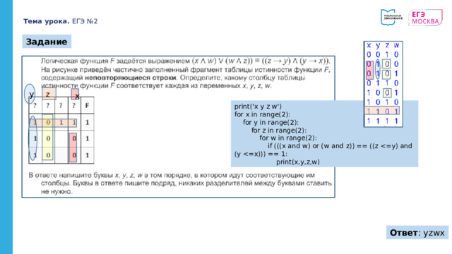 Тема урока. ЕГЭ №2 Задание y z x print('x y z w') for x in range(2):  for y in range(2):  for z in range(2):  for w in range(2):  if (((x and w) or (w and z)) == ((z  print(x,y,z,w) Ответ : yzwx 