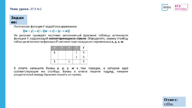 Тема урока. ЕГЭ №2 Задание: Ответ: cdba. 