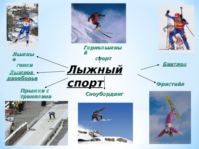 Горнолыжный спорт Лыжные гонки Биатлон Лыжный спорт Лыжное двоеборье Фристайл Прыжки с трамплина Сноубординг 
