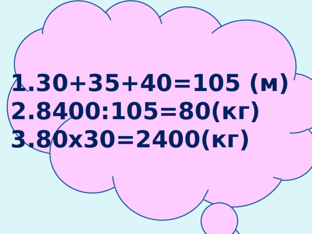 30+35+40=105 (м) 8400:105=80(кг) 80x30=2400(кг) 