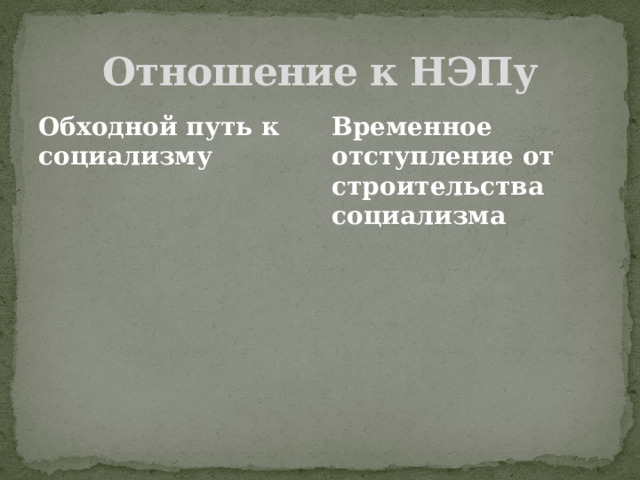 Отношение к НЭПу Обходной путь к социализму Временное отступление от строительства социализма 