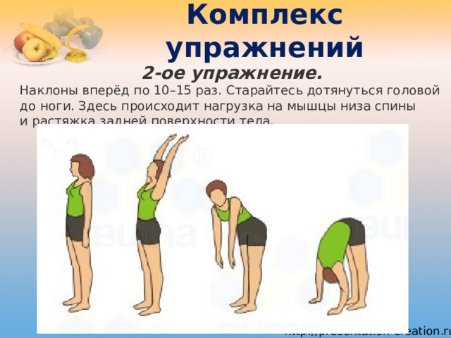 Комплекс упражнений 2-ое упражнение. Наклоны вперёд по 10–15 раз. Старайтесь дотянуться головой до ноги. Здесь происходит нагрузка на мышцы низа спины и растяжка задней поверхности тела. 