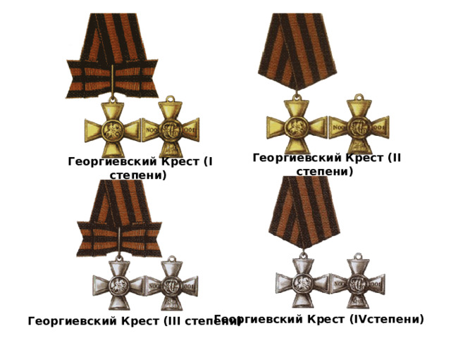 Георгиевский Крест (I I степени)  Георгиевский Крест (I  степени)  Георгиевский Крест (I V степени)  Георгиевский Крест (I II степени)  