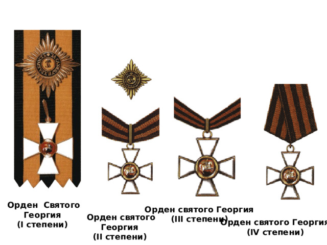 Орден  Святого Георгия (I степени)   Орден святого Георгия (III степени)  Орден святого Георгия (II степени)  Орден святого Георгия (IV степени)  