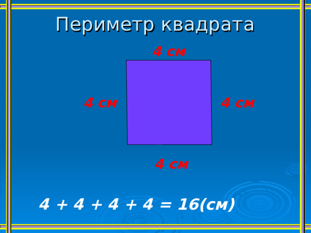Периметр квадрата 4 см 4 см 4 см 4 см   4 + 4 + 4 + 4 = 16(см) 