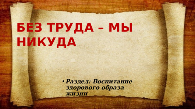 БЕЗ ТРУДА – МЫ НИКУДА Раздел: Воспитание здорового образа жизни 
