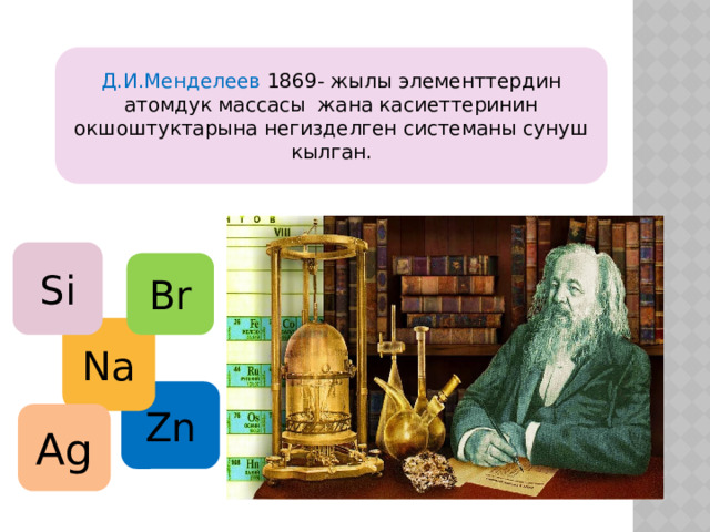 Д.И.Менделеев 1869- жылы элементтердин атомдук массасы жана касиеттеринин окшоштуктарына негизделген системаны сунуш кылган. Si Br Na Zn Аg 