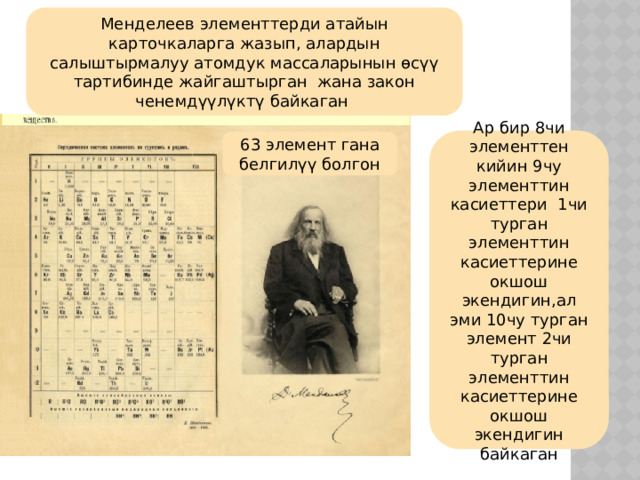 Менделеев элементтерди атайын карточкаларга жазып, алардын салыштырмалуу атомдук массаларынын өсүү тартибинде жайгаштырган жана закон ченемдүүлүктү байкаган Ар бир 8чи элементтен кийин 9чу элементтин касиеттери 1чи турган элементтин касиеттерине окшош экендигин,ал эми 10чу турган элемент 2чи турган элементтин касиеттерине окшош экендигин байкаган 63 элемент гана белгилүү болгон 