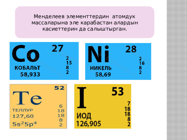 Менделеев элементтердин атомдук массаларына эле карабастан алардын касиеттерин да салыштырган. 
