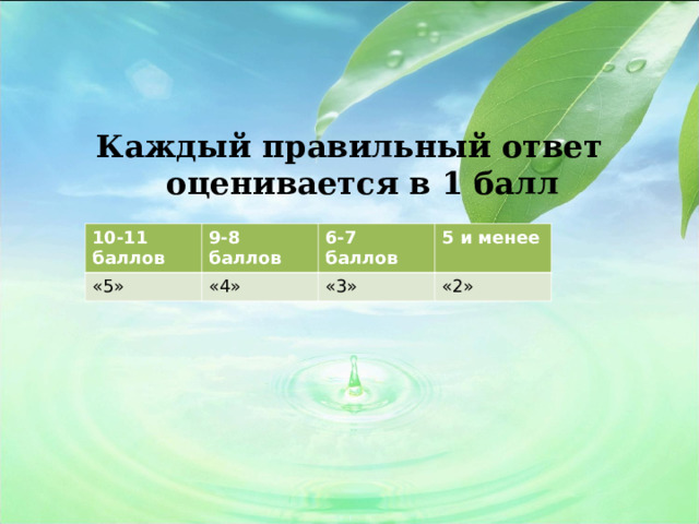 Каждый правильный ответ оценивается в 1 балл  10-11 баллов 9-8 баллов «5» 6-7 баллов «4» 5 и менее «3» «2» 