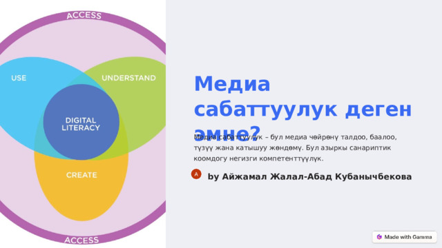 Медиа сабаттуулук деген эмне? Медиа сабаттуулук – бул медиа чөйрөнү талдоо, баалоо, түзүү жана катышуу жөндөмү. Бул азыркы санариптик коомдогу негизги компетенттүүлүк. by Айжамал Жалал-Абад Кубанычбекова  
