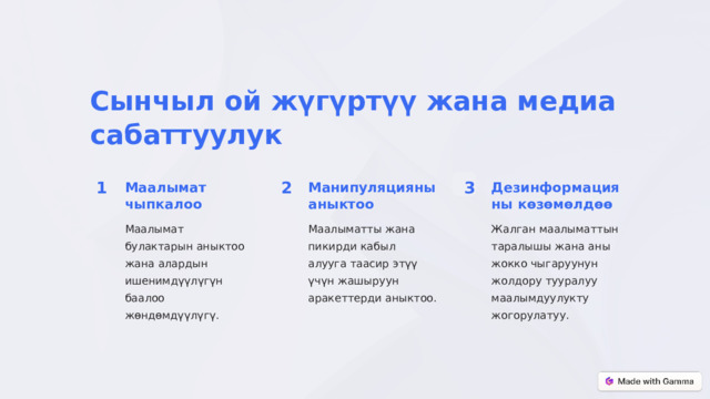 Сынчыл ой жүгүртүү жана медиа сабаттуулук 1 2 3 Маалымат чыпкалоо Манипуляцияны аныктоо Дезинформацияны көзөмөлдөө Маалымат булактарын аныктоо жана алардын ишенимдүүлүгүн баалоо жөндөмдүүлүгү. Маалыматты жана пикирди кабыл алууга таасир этүү үчүн жашыруун аракеттерди аныктоо. Жалган маалыматтын таралышы жана аны жокко чыгаруунун жолдору тууралуу маалымдуулукту жогорулатуу.  