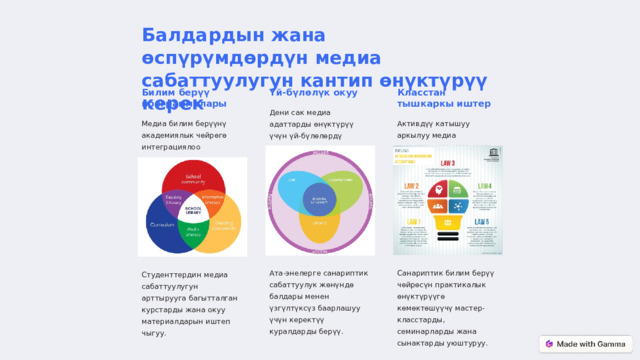 Балдардын жана өспүрүмдөрдүн медиа сабаттуулугун кантип өнүктүрүү керек Үй-бүлөлүк окуу Билим берүү программалары Класстан тышкаркы иштер Дени сак медиа адаттарды өнүктүрүү үчүн үй-бүлөлөрдү колдоо Медиа билим берүүнү академиялык чөйрөгө интеграциялоо Активдүү катышуу аркылуу медиа көндүмдөрүн өнүктүрүү Санариптик билим берүү чөйрөсүн практикалык өнүктүрүүгө көмөктөшүүчү мастер-класстарды, семинарларды жана сынактарды уюштуруу. Ата-энелерге санариптик сабаттуулук жөнүндө балдары менен үзгүлтүксүз баарлашуу үчүн керектүү куралдарды берүү. Студенттердин медиа сабаттуулугун арттырууга багытталган курстарды жана окуу материалдарын иштеп чыгуу.  