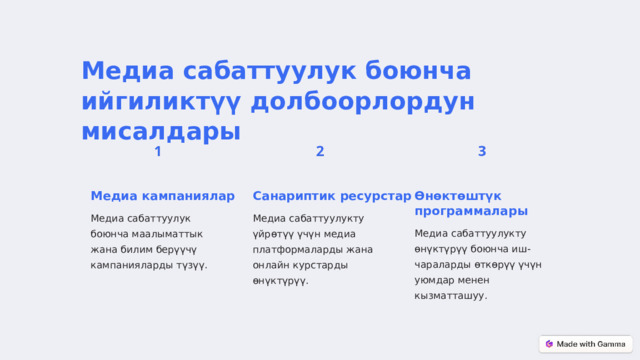 Медиа сабаттуулук боюнча ийгиликтүү долбоорлордун мисалдары Медиа кампаниялар Санариптик ресурстар Өнөктөштүк программалары Медиа сабаттуулук боюнча маалыматтык жана билим берүүчү кампанияларды түзүү. Медиа сабаттуулукту үйрөтүү үчүн медиа платформаларды жана онлайн курстарды өнүктүрүү. Медиа сабаттуулукту өнүктүрүү боюнча иш-чараларды өткөрүү үчүн уюмдар менен кызматташуу.  
