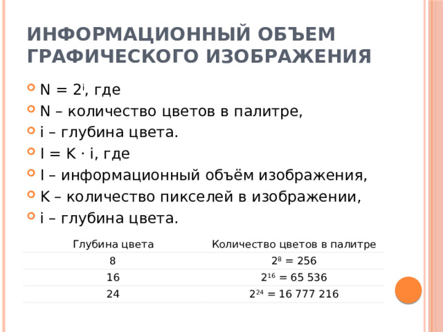 Информационный объем графического изображения N = 2 i , где N – количество цветов в палитре, i – глубина цвета. I = K · i, где I – информационный объём изображения, K – количество пикселей в изображении, i – глубина цвета. Глубина цвета 8 Количество цветов в палитре 16 2 8  = 256 2 16  = 65 536 24 2 24  = 16 777 216 