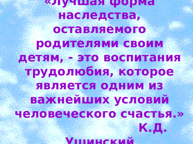 «Лучшая форма наследства, оставляемого родителями своим детям, - это воспитания трудолюбия, которое является одним из важнейших условий человеческого счастья.»  К.Д. Ушинский 