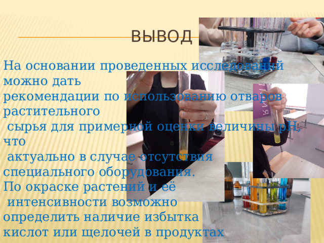 вывод На основании проведенных исследований можно дать рекомендации по использованию отваров растительного  сырья для примерной оценки величины рН, что  актуально в случае отсутствия специального оборудования. По окраске растений и её  интенсивности возможно определить наличие избытка кислот или щелочей в продуктах питания и моющих средствах.  