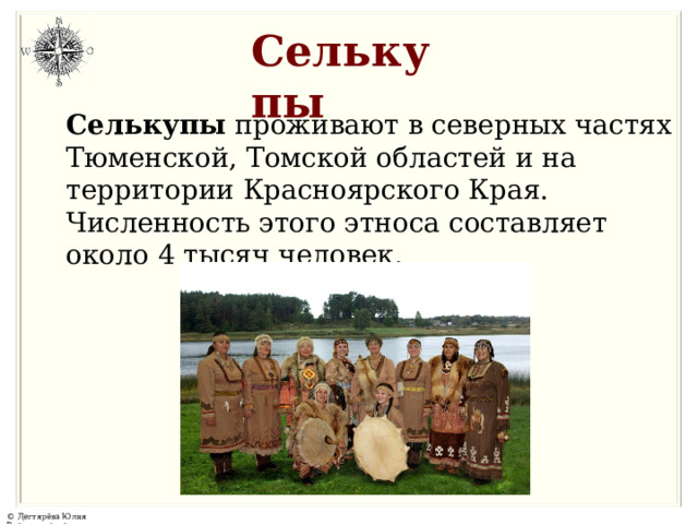 Селькупы Селькупы  проживают в северных частях Тюменской, Томской областей и на территории Красноярского Края. Численность этого этноса составляет около 4 тысяч человек. 