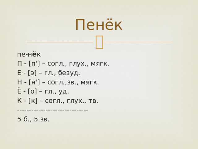 Пенёк пе-н ё к П - [п'] – согл., глух., мягк. Е - [э] – гл., безуд. Н - [н'] – согл.,зв., мягк. Ё - [о] – гл., уд. К - [к] – согл., глух., тв. ------------------------------ 5 б., 5 зв. 