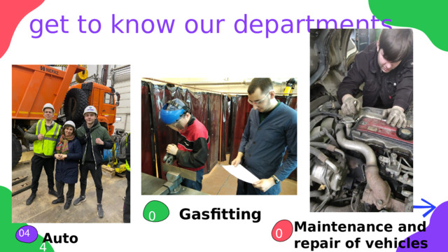 get to know our departments 01 Gasfitting 05 04 Maintenance and repair of vehicles 06 Auto mechanics 