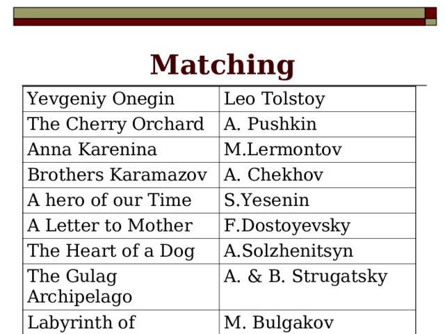 Matching Yevgeniy Onegin  Leo Tolstoy  The Cherry Orchard  A. Pushkin  Anna Karenina M.Lermontov  Brothers Karamazov A. Chekhov  A hero of our Time  S.Yesenin  A Letter to Mother  F.Dostoyevsky The Heart of a Dog A.Solzhenitsyn The Gulag Archipelago A. & B. Strugatsky  Labyrinth of Reflections  M. Bulgakov Roadside Picnic  S.Lukianenko 