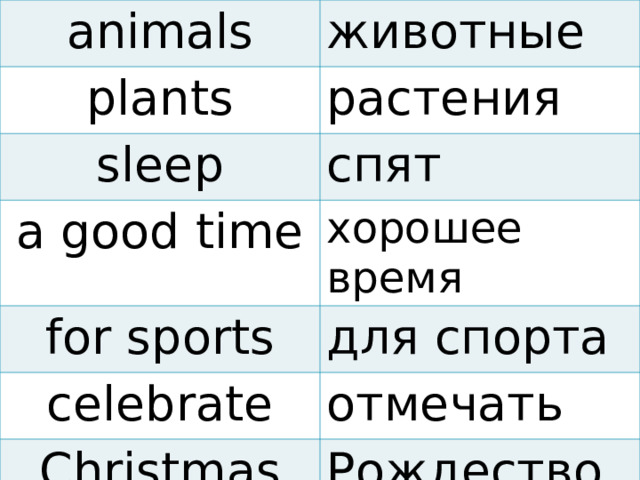 animals животные plants растения sleep спят a good time хорошее время for sports для спорта celebrate отмечать Christmas Рождество 