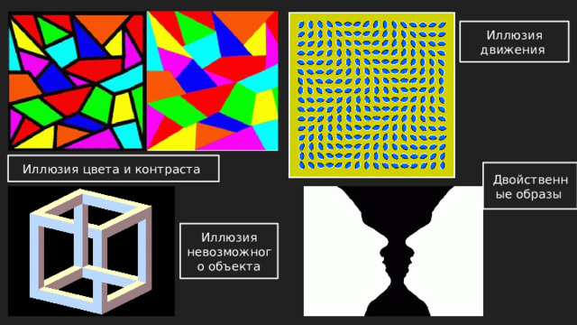 Иллюзия движения Иллюзия цвета и контраста Двойственные образы Иллюзия невозможного объекта 