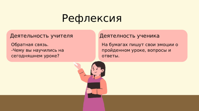 Рефлексия Деятельность учителя Деятелность ученика Обратная связь. На бумагах пишут свои эмоции о пройденном уроке, вопросы и ответы. -Чему вы научились на сегодняшнем уроке? 