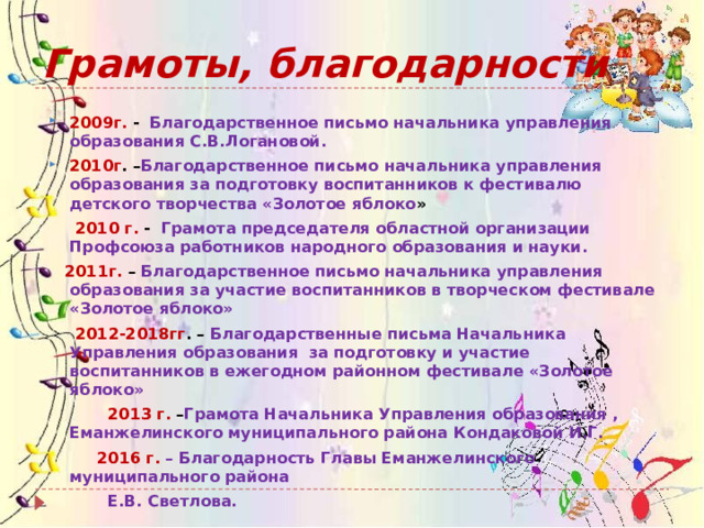 Грамоты, благодарности . 2009г. - Благодарственное письмо начальника управления образования С.В.Логановой. 2010г . – Благодарственное письмо начальника управления образования за подготовку воспитанников к фестивалю детского творчества «Золотое яблоко »  2010 г. - Грамота председателя областной организации Профсоюза работников народного образования и науки.  2011г. – Благодарственное письмо начальника управления образования за участие воспитанников в творческом фестивале «Золотое яблоко»  2012-2018гг . – Благодарственные письма Начальника Управления образования за подготовку и участие воспитанников в ежегодном районном фестивале «Золотое яблоко»  2013 г. – Грамота Начальника Управления образования , Еманжелинского муниципального района Кондаковой И.Г.  2016 г. – Благодарность Главы Еманжелинского муниципального района  Е.В. Светлова. 