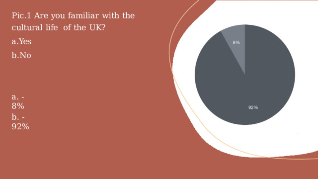 Pic.1  Are  you  familiar  with  the  cultural  life  of  the  UK? Yes No a.  - 8% b.  -  92% 