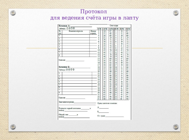 Протокол  для ведения счёта игры в лапту 