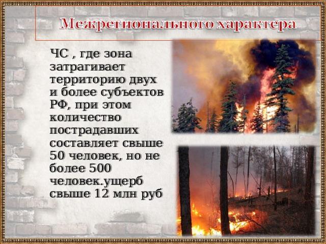  ЧС , где зона затрагивает территорию двух и более субъектов РФ, при этом количество пострадавших составляет свыше 50 человек, но не более 500 человек.ущерб свыше 12 млн руб 