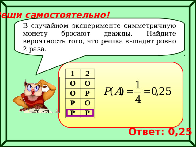 Реши самостоятельно! В случайном эксперименте симметричную монету бросают дважды. Найдите вероятность того, что решка выпадет ровно 2 раза. 1 О 2 О О Р Р Р О Р Ответ: 0,25 