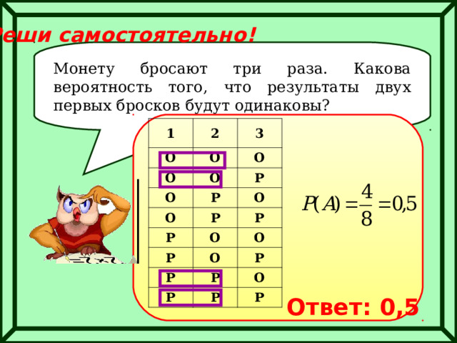 Реши самостоятельно! Монету бросают три раза. Какова вероятность того, что результаты двух первых бросков будут одинаковы? 1 2 О О О 3 О О О Р Р О Р Р О Р О Р О О Р Р Р Р Р О Р Ответ: 0,5 