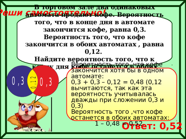 Реши самостоятельно! В торговом зале два одинаковых автомата продают кофе. Вероятность того, что в конце дня в автомате закончится кофе, равна 0,3. Вероятность того, что кофе закончится в обоих автоматах , равна 0,12.  Найдите вероятность того, что к концу дня кофе останется в обоих автоматах. Вероятность того, что кофе закончится хотя бы в одном автомате:  0,3 + 0,3 – 0,12 = 0,48 (0,12 вычитаются, так как эта вероятность учитывалась дважды при сложении 0,3 и 0,3) Вероятность того ,что кофе останется в обоих автоматах:  1 – 0,48 = 0,52. Ответ: 0,52 