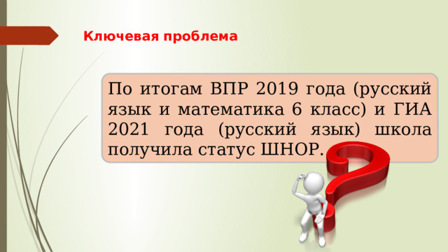 Ключевая проблема По итогам ВПР 2019 года (русский язык и математика 6 класс) и ГИА 2021 года (русский язык) школа получила статус ШНОР. 