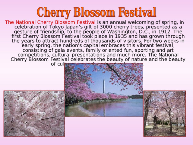 The National Cherry Blossom Festival is an annual welcoming of spring, in celebration of Tokyo Japan's gift of 3000 cherry trees, presented as a gesture of friendship, to the people of Washington, D.C., in 1912. The first Cherry Blossom Festival took place in 1935 and has grown through the years to attract hundreds of thousands of visitors. For two weeks in early spring, the nation's capital embraces this vibrant festival, consisting of gala events, family oriented fun, sporting and art competitions, cultural presentations and much more. The National Cherry Blossom Festival celebrates the beauty of nature and the beauty of cultural respect and understanding. 