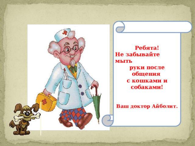 Ребята! Не забывайте мыть руки после общения с кошками и собаками!   Ваш доктор Айболит. 